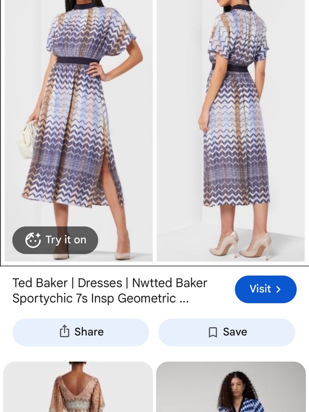 Ted Baker Blue and Tan Zigzag Geometric Midi Dress